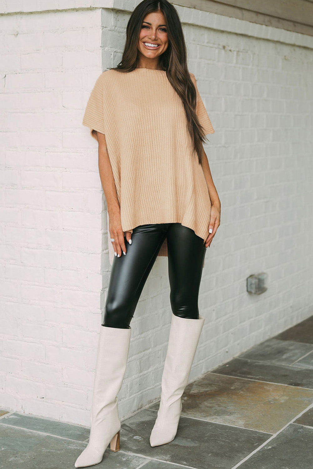 Side Slit Short Sleeve Knitted Oversized Top