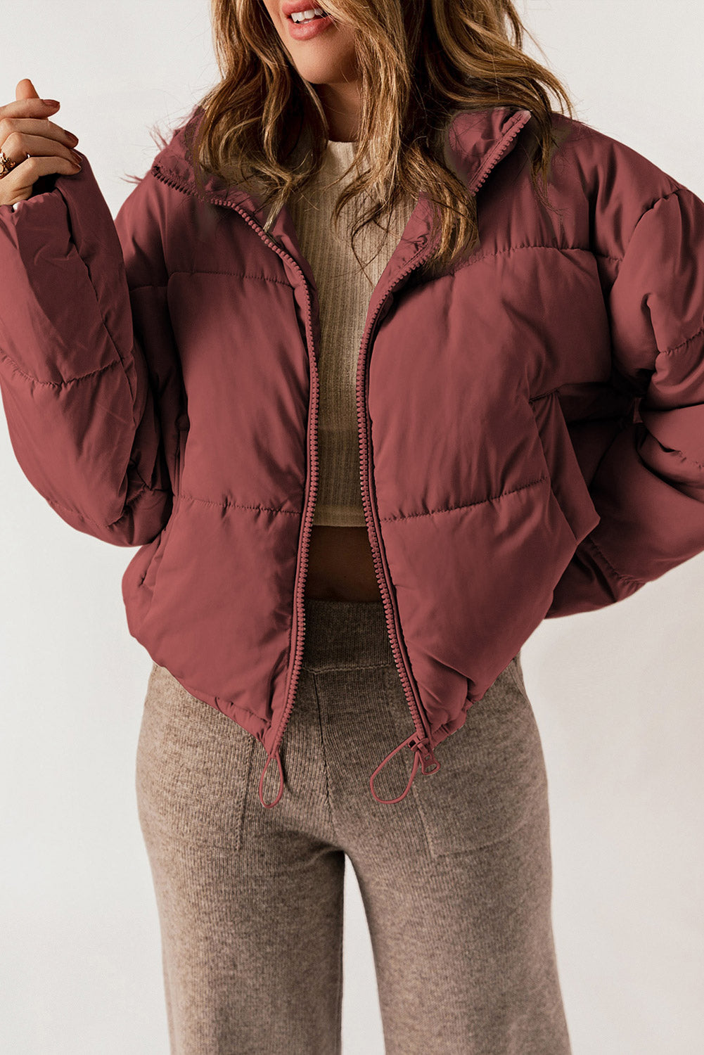 Apricot Zip Up Drawstring Hem Pocket Puffer Coat