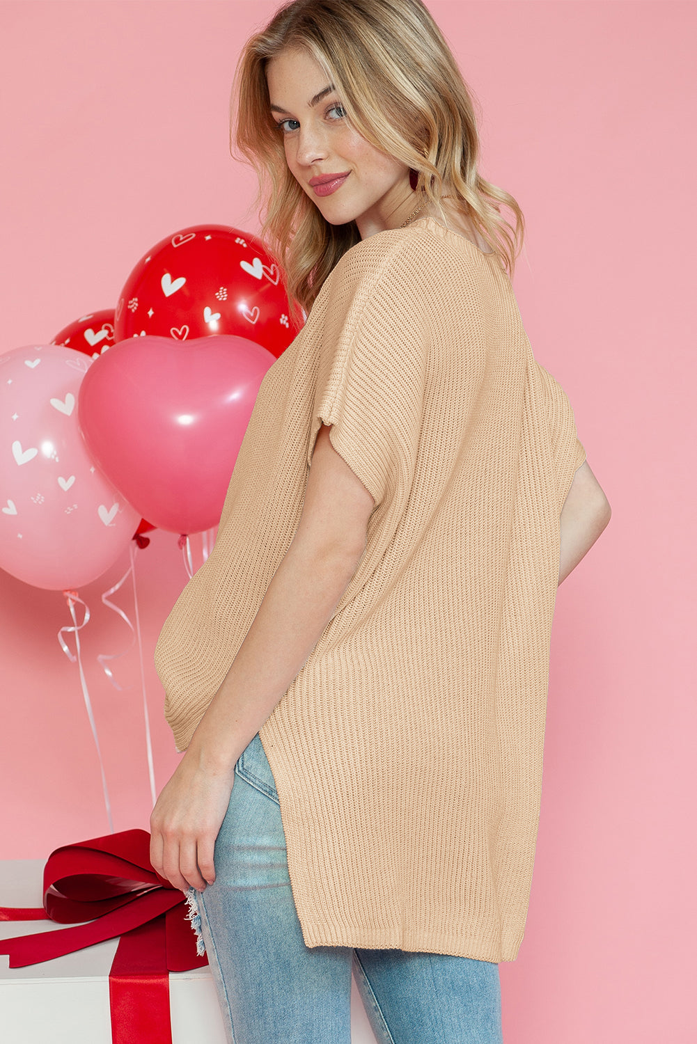 Side Slit Short Sleeve Knitted Oversized Top