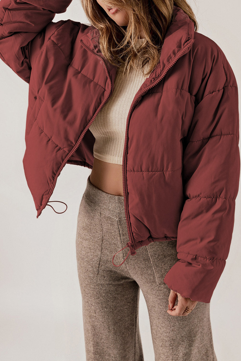 Apricot Zip Up Drawstring Hem Pocket Puffer Coat