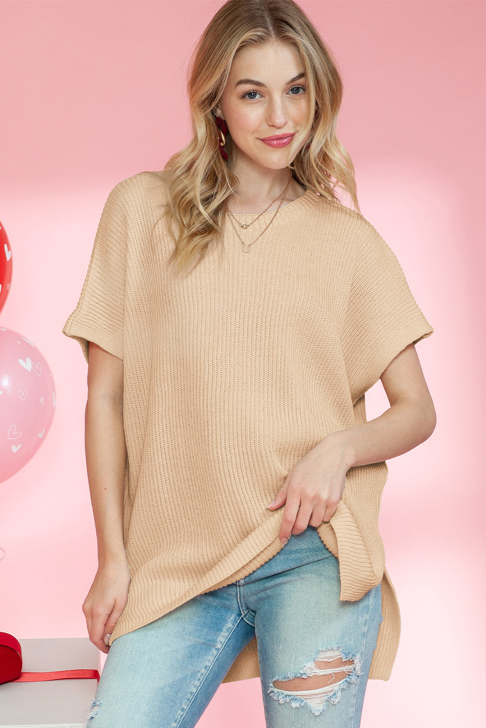 Side Slit Short Sleeve Knitted Oversized Top