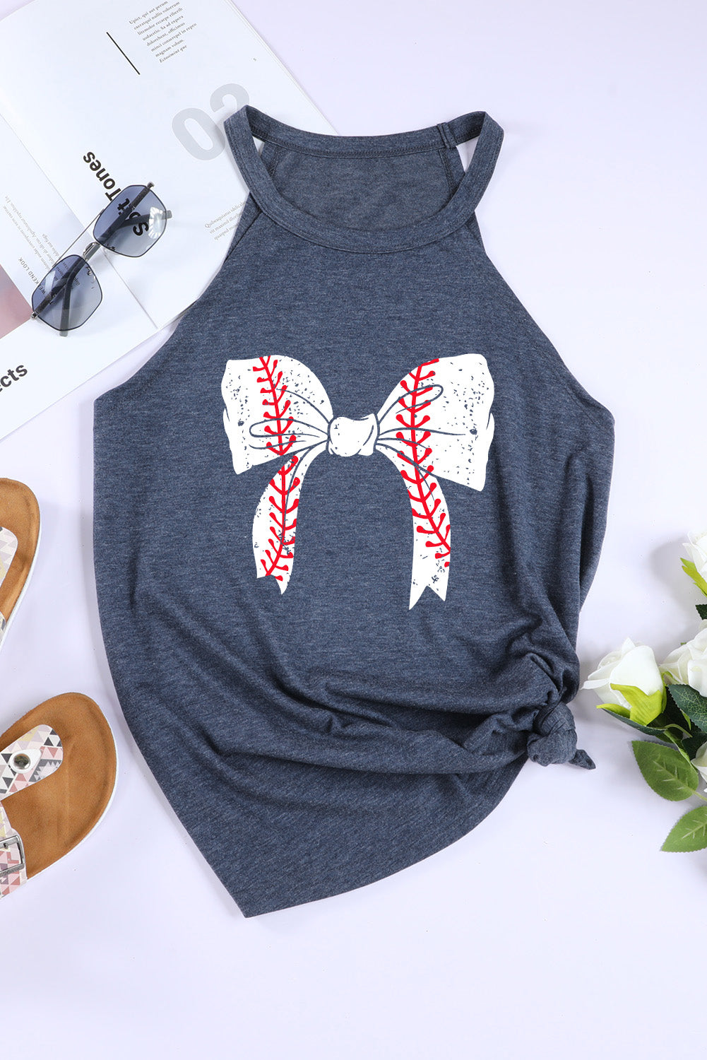 Gray Baseball Bow Knot Graphic Halter Tank Top