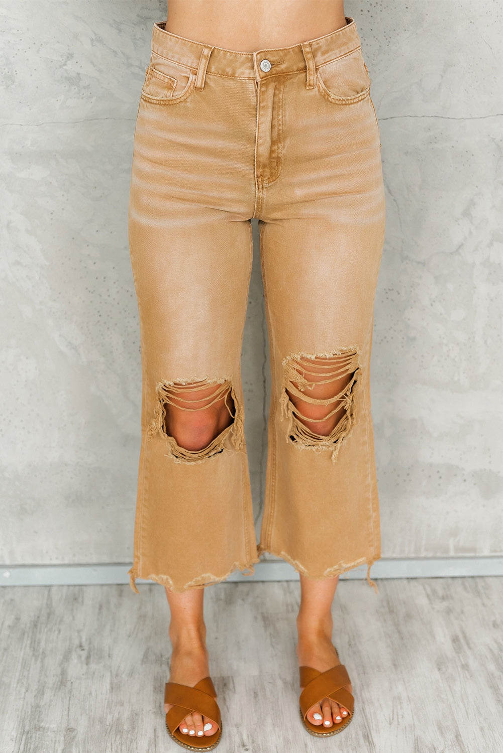 Pink Distressed Ripped Raw Hem High Waist Flare Jeans