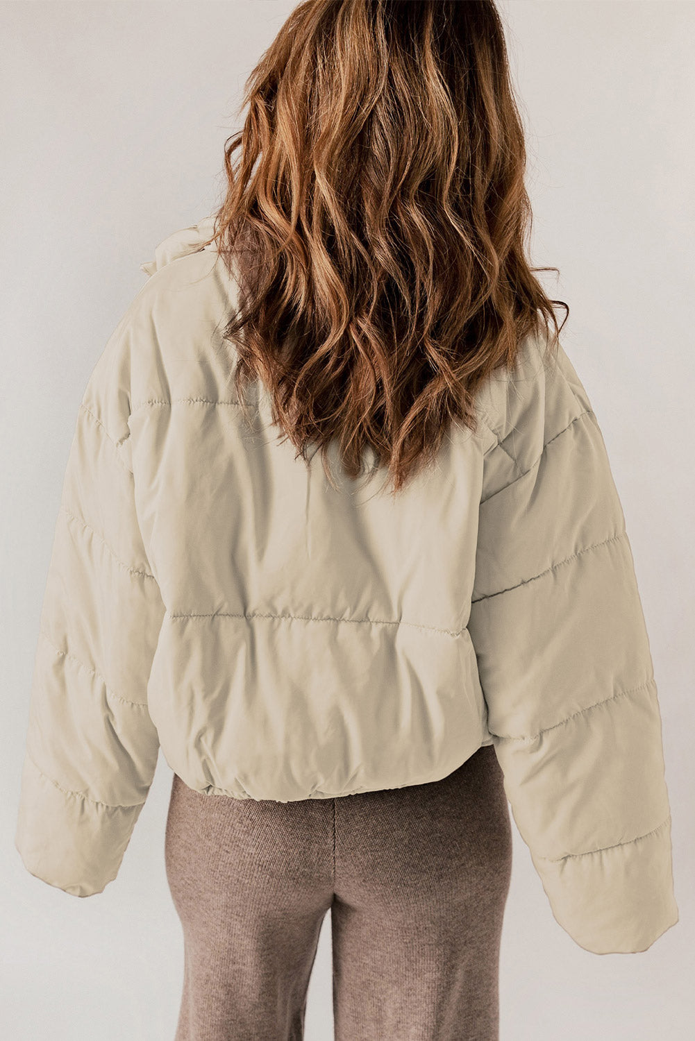 Apricot Zip Up Drawstring Hem Pocket Puffer Coat
