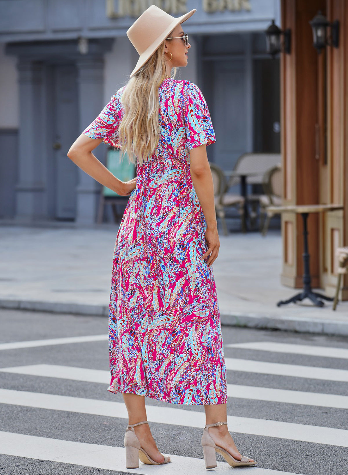 Wholesale Abstract Print Wrap V Neck Flutter Sleeve Mid Length Summer Dress