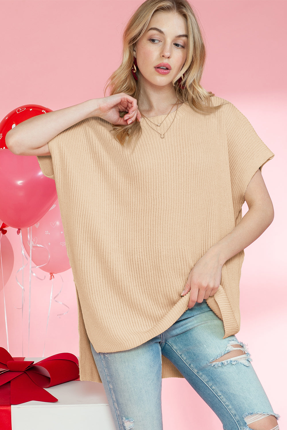Side Slit Short Sleeve Knitted Oversized Top
