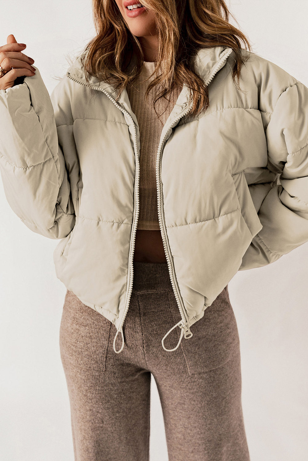 Apricot Zip Up Drawstring Hem Pocket Puffer Coat