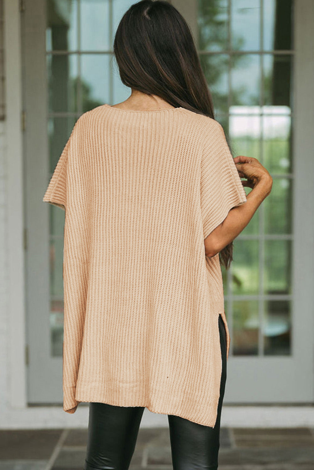 Side Slit Short Sleeve Knitted Oversized Top