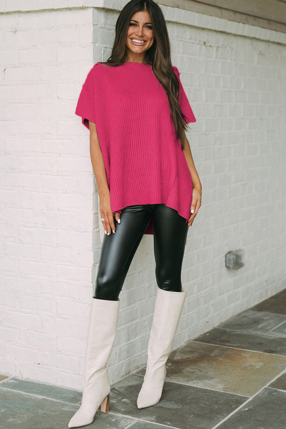 Side Slit Short Sleeve Knitted Oversized Top