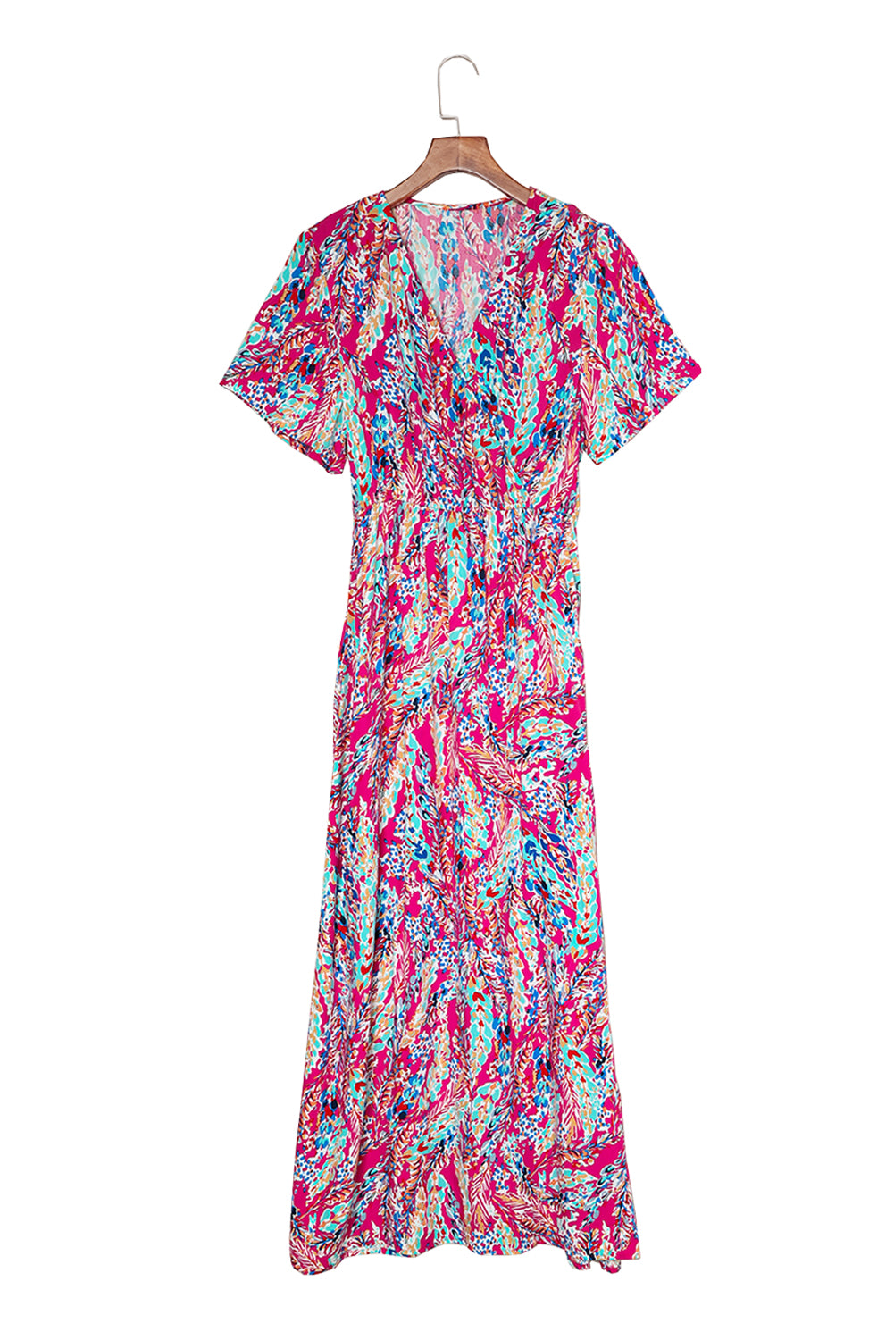 Wholesale Abstract Print Wrap V Neck Flutter Sleeve Mid Length Summer Dress