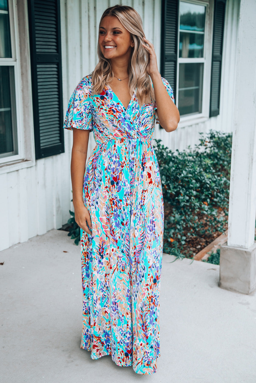 Wholesale Abstract Print Wrap V Neck Flutter Sleeve Mid Length Summer Dress