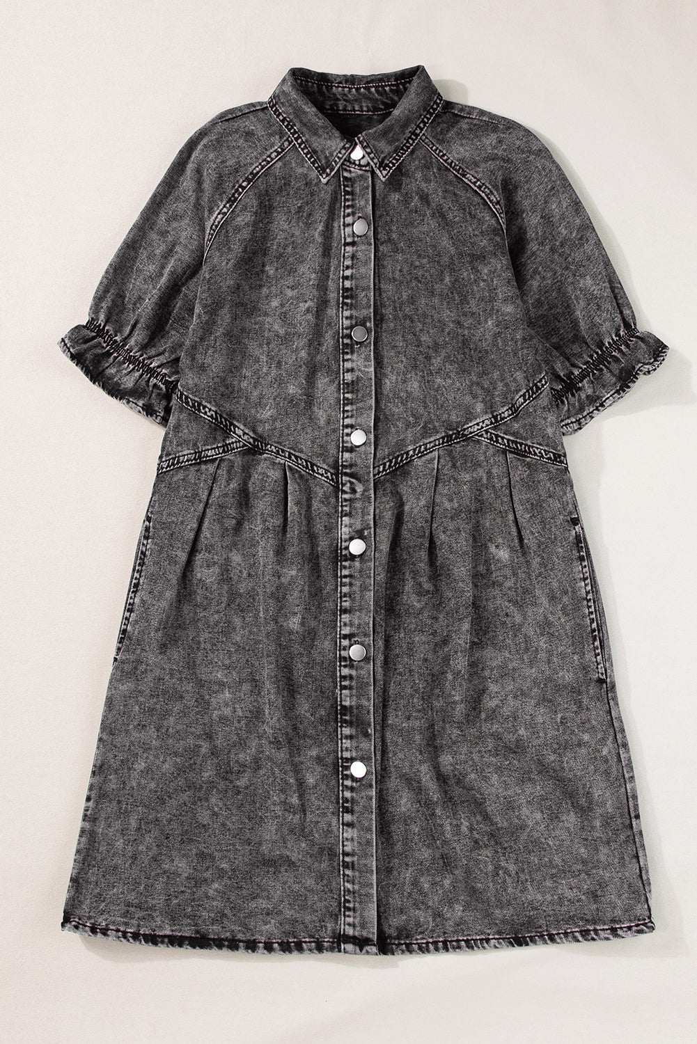 Ruffled Short Sleeve Buttoned Denim Dress