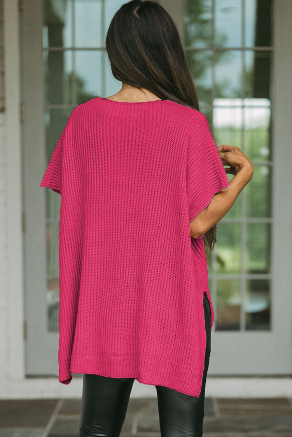 Side Slit Short Sleeve Knitted Oversized Top