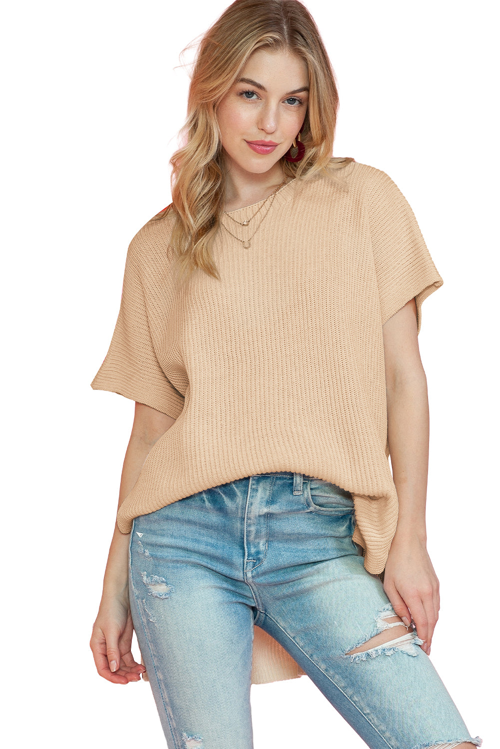 Side Slit Short Sleeve Knitted Oversized Top