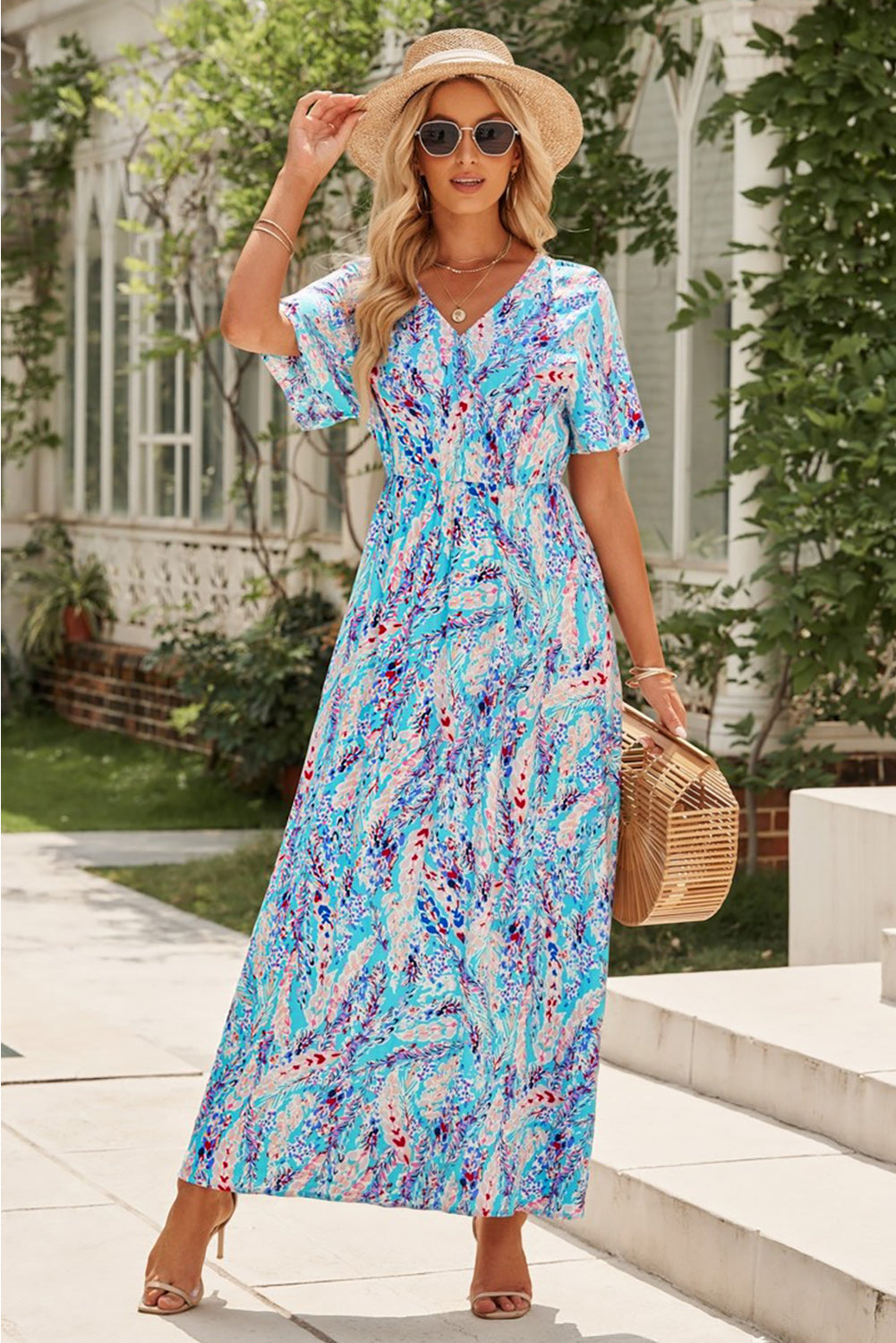 Wholesale Abstract Print Wrap V Neck Flutter Sleeve Mid Length Summer Dress