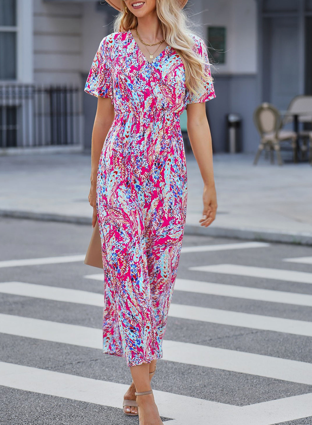 Wholesale Abstract Print Wrap V Neck Flutter Sleeve Mid Length Summer Dress