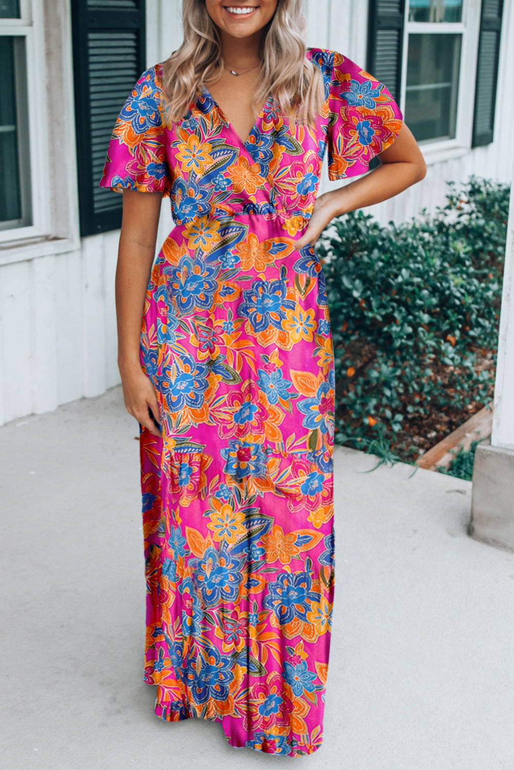 Wholesale Abstract Print Wrap V Neck Flutter Sleeve Mid Length Summer Dress