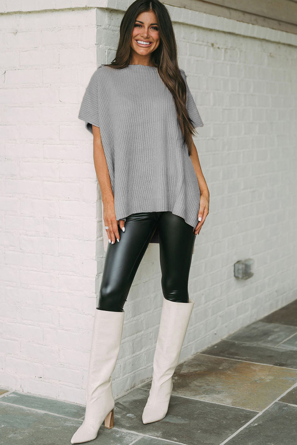 Side Slit Short Sleeve Knitted Oversized Top