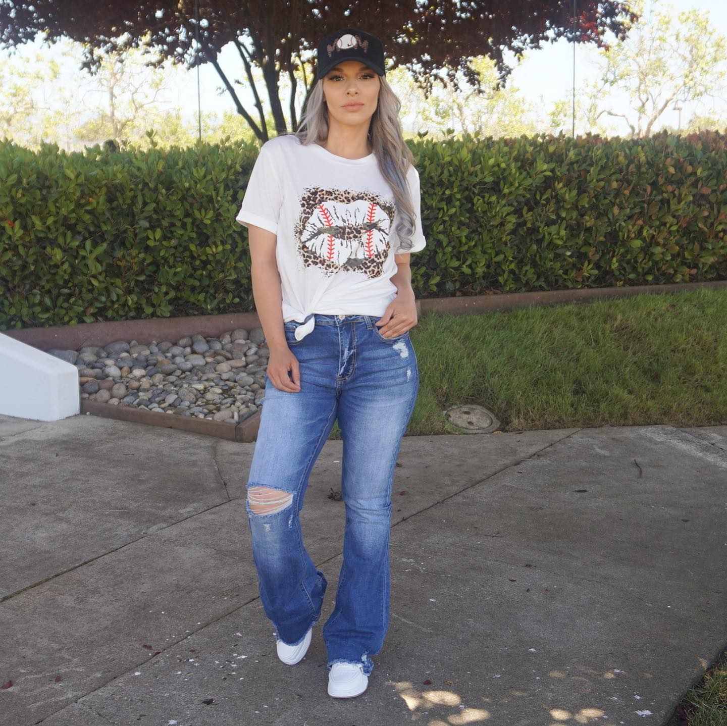 Dark Blue Ripped Raw Hem High Waist Flare Jeans