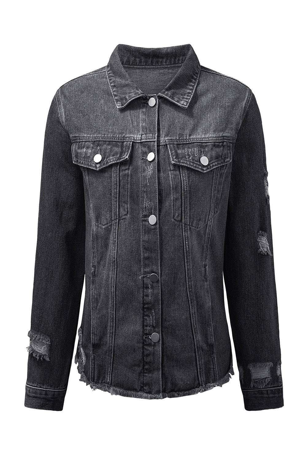 Black Distressed Raw Hem Denim Jacket