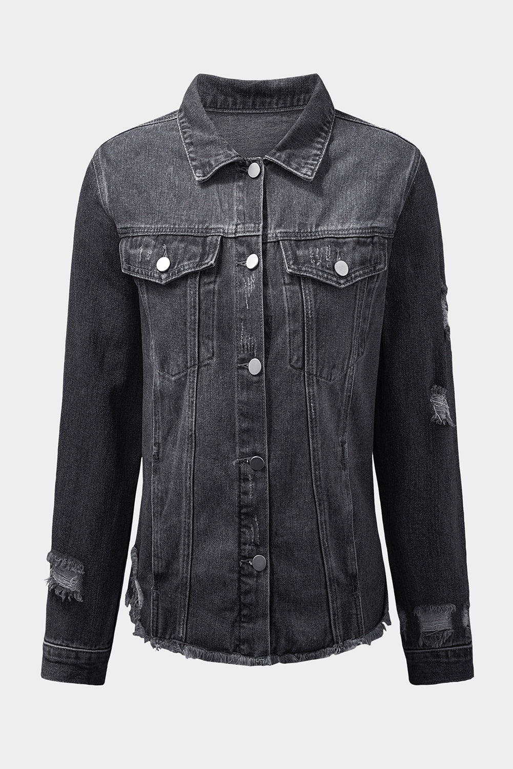 Black Distressed Raw Hem Denim Jacket