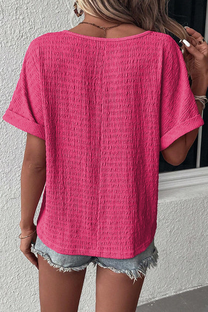 Bright Textured Rolled Short Sleeve V Neck Top