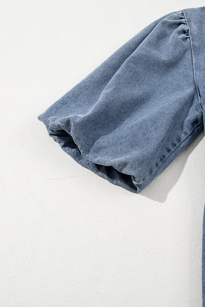 Dusk Blue Bowknot Puff Sleeve Denim Dress