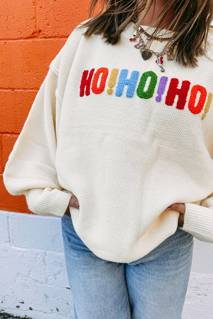 White HOHOHO MERRY CHRISTMAS Chenille Letter Graphic Holiday Sweater