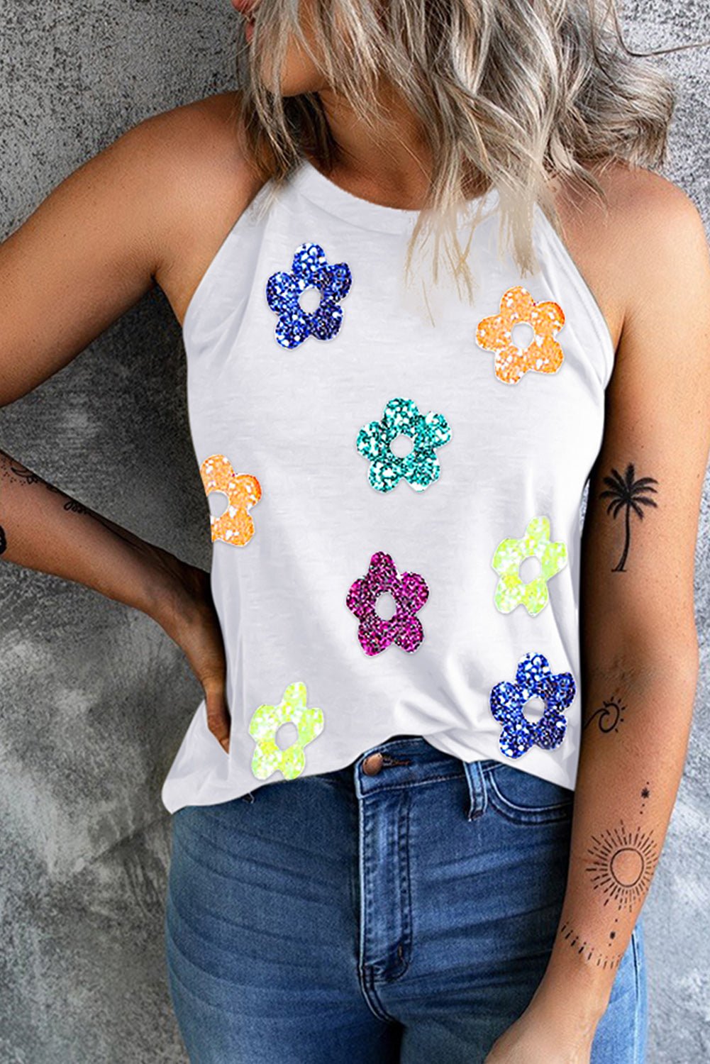 White Sequin 60s Flower Patch Graphic Tank Top