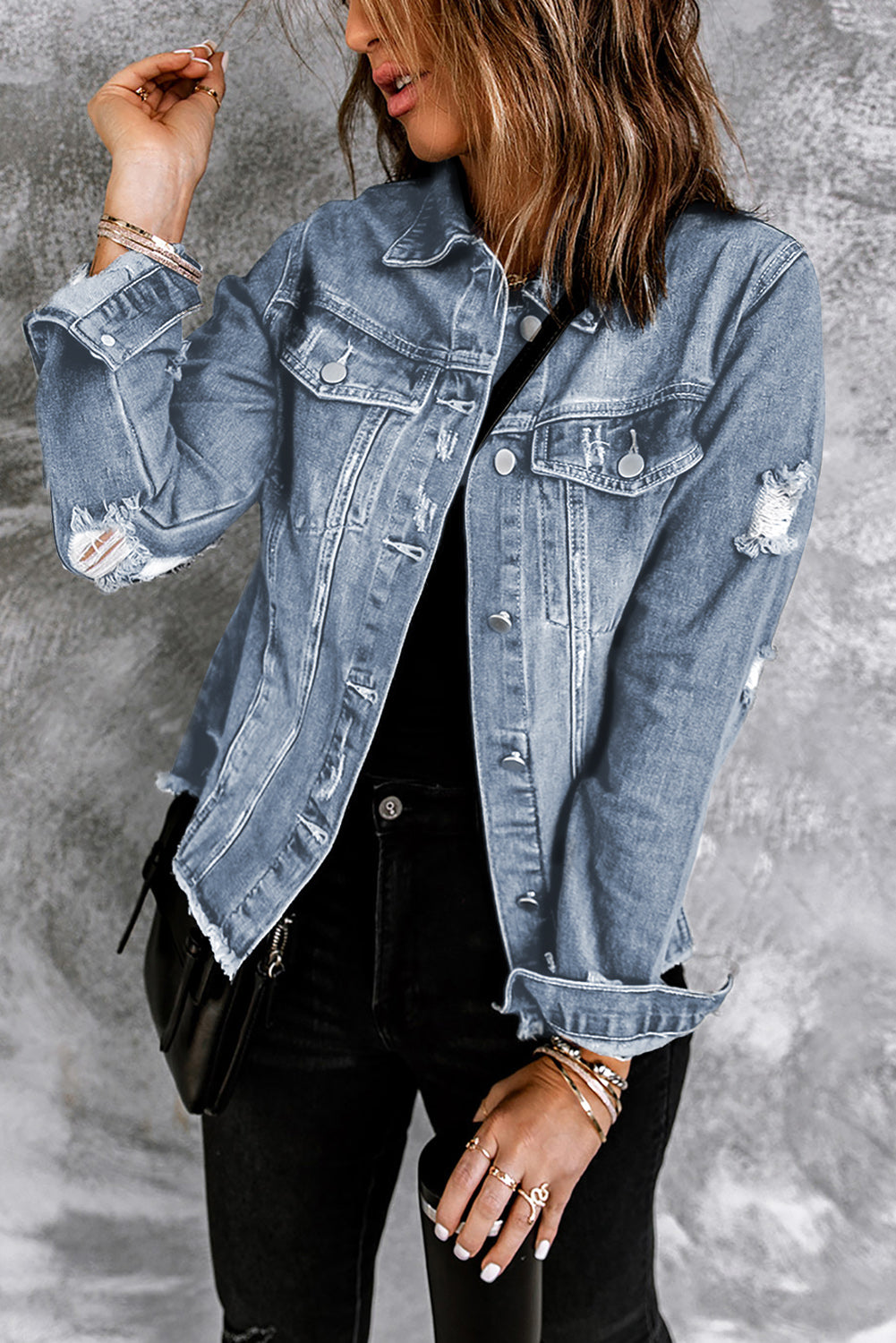 Black Distressed Raw Hem Denim Jacket