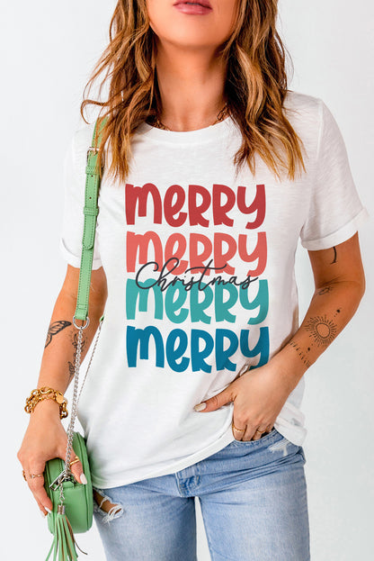 Merry Christmas Letter Print Graphic Crew Neck T Shirt