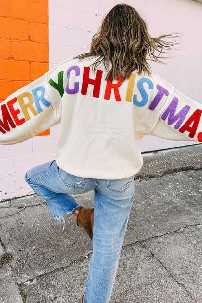 White HOHOHO MERRY CHRISTMAS Chenille Letter Graphic Holiday Sweater