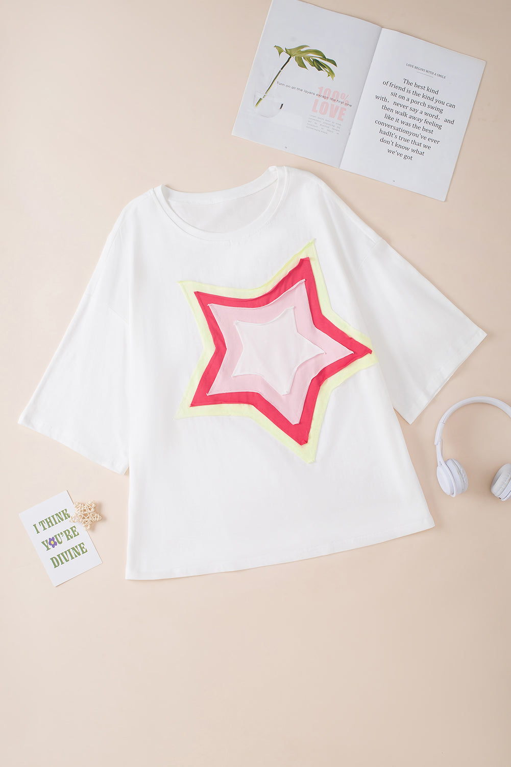 Light Pink Colorblock Star Patched Half Sleeve Oversized Tee