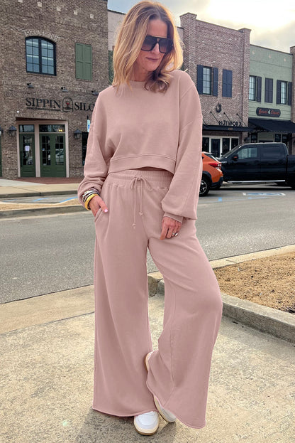 Mist Blue Drop Shoulder Crop Pullover Drawstring Wide Leg Pants Set