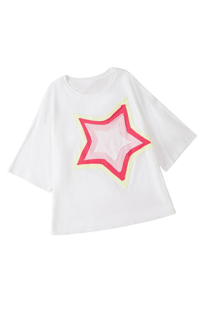 Light Pink Colorblock Star Patched Half Sleeve Oversized Tee