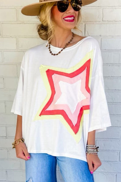 Light Pink Colorblock Star Patched Half Sleeve Oversized Tee