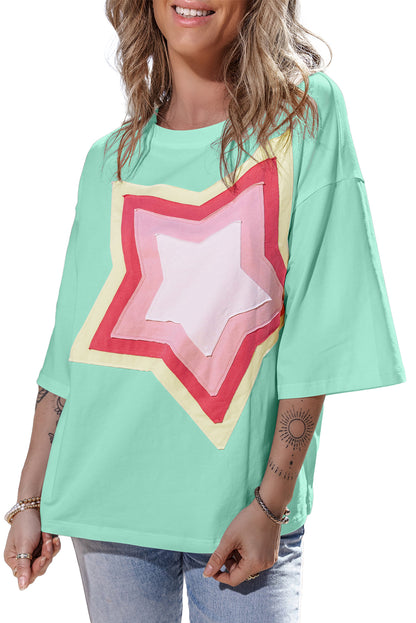 Light Pink Colorblock Star Patched Half Sleeve Oversized Tee