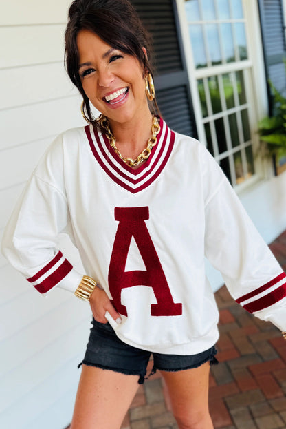 Red Dahlia Chenille Letter A Varsity Striped V Neck Sweatshirt