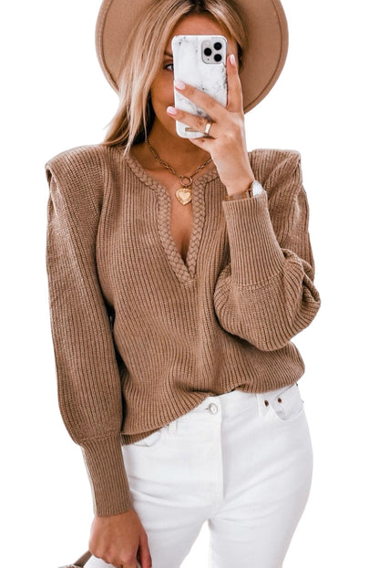 Brown Braided Notched V Neckline Puff Sleeve Knitted Sweater