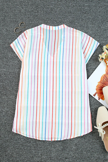 Multicolor Striped Print V Neck Cap Sleeve Blouse