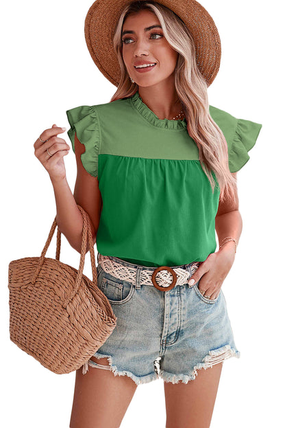 Two Tone Pleated Ruffle Trim Top