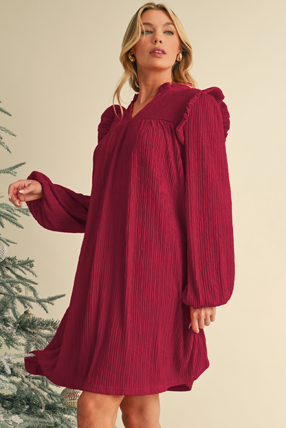 Fiery Red Frill Trim V Neck Loose Fit Ribbed Mini Dress