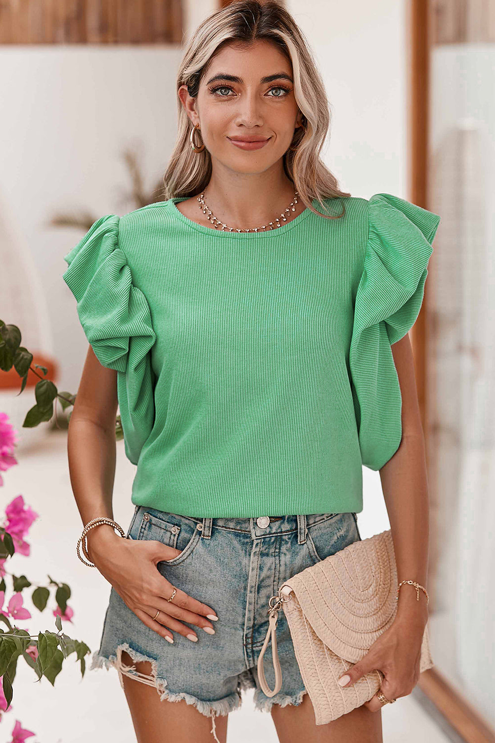 Green Ruffle Sleeve Ribbed Top