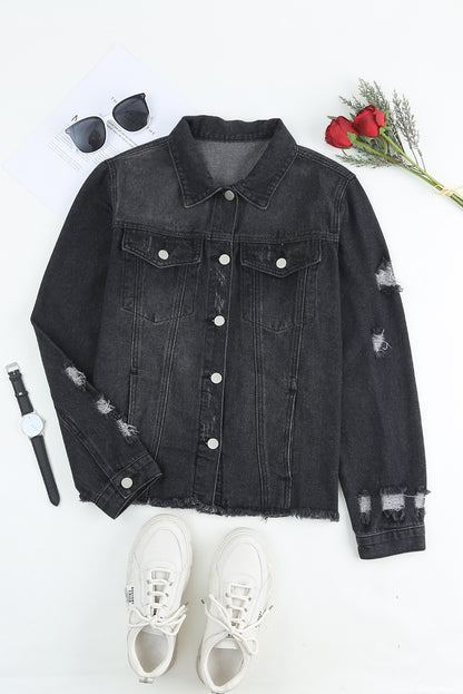 Black Distressed Raw Hem Denim Jacket