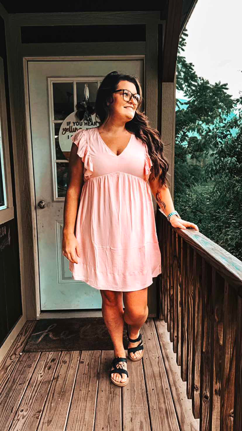 Pink Ruffle Short Sleeve V Neck Pocket Short Babydoll Dress