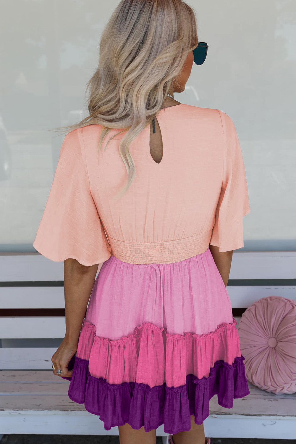 Pink Ombre Colorblock V Neck Tiered Short Dress