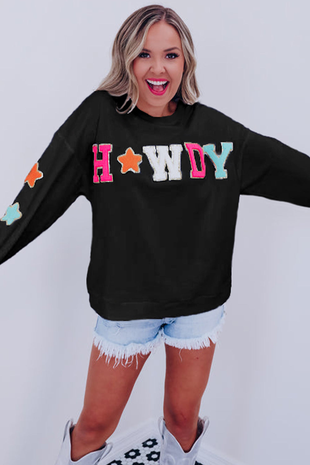 White Glitter Howdy Patch Casual Star Sweatshirt