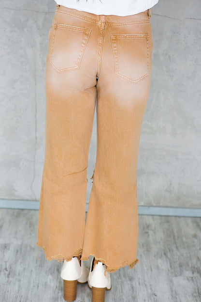 Pink Distressed Ripped Raw Hem High Waist Flare Jeans