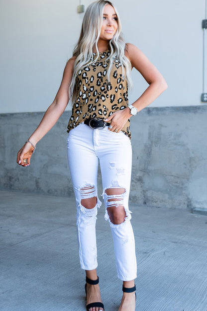 Cheetah Print Sleeveless Crew Neck Tank