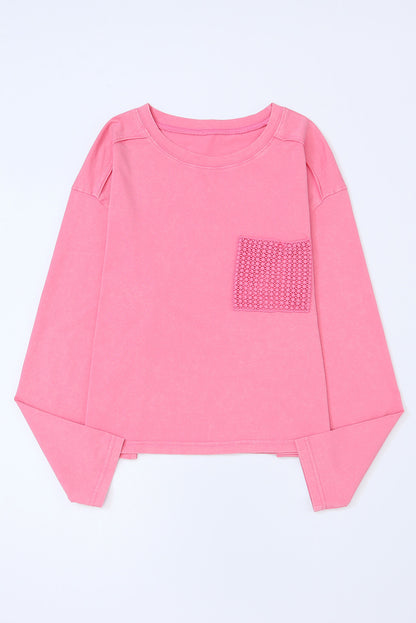 Pink Acid Wash Lace Patch Pocket T-Shirt